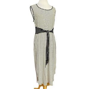 London Times Woman Black & White Nautical Stripe Tie Waist Tank Dress Sz 3X NEW